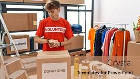  Presentation with volunteer - PPT theme consisting of young-caucasian-man-volunteer-holding background and a coral colored foreground