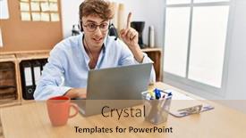  Presentation with call center - Slide set with young-caucasian-man-wearing-call background and a coral colored foreground