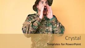  Presentation with army - Colorful presentation theme enhanced with young-caucasian-man-wearing-camouflage backdrop and a yellow colored foreground