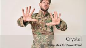  Presentation with frustration - Audience pleasing PPT layouts consisting of young-caucasian-man-wearing-camouflage backdrop and a mint green colored foreground