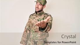  Presentation with hand palm - Audience pleasing PPT layouts consisting of young-caucasian-man-wearing-camouflage backdrop and a mint green colored foreground