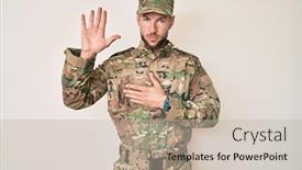  Presentation with hand palm - Slide set having young-caucasian-man-wearing-camouflage background and a mint green colored foreground