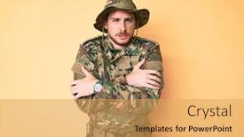  Presentation with army - Colorful presentation theme enhanced with young-caucasian-man-wearing-camouflage backdrop and a yellow colored foreground