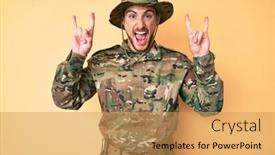  Presentation with rock star - Slide set consisting of young-caucasian-man-wearing-camouflage background and a yellow colored foreground