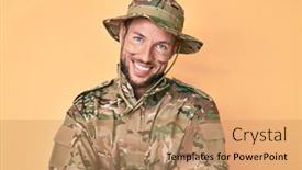  Presentation with camera - Amazing PPT theme having young-caucasian-man-wearing-camouflage backdrop and a coral colored foreground