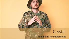  Presentation with optimistic - Amazing PPT layouts having young-caucasian-man-wearing-camouflage backdrop and a yellow colored foreground