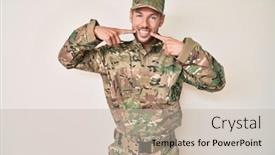  Presentation with army - Presentation theme with young-caucasian-man-wearing-camouflage background and a mint green colored foreground