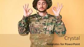  Presentation with meditation - Presentation design consisting of young-caucasian-man-wearing-camouflage background and a yellow colored foreground