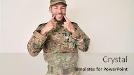  Presentation with army - Slide set consisting of young-caucasian-man-wearing-camouflage background and a mint green colored foreground