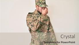  Presentation with army stress - Theme enhanced with young-caucasian-man-wearing-camouflage background and a mint green colored foreground