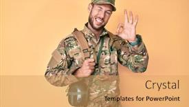  Presentation with canteen - Presentation theme with young-caucasian-man-wearing-camouflage background and a yellow colored foreground