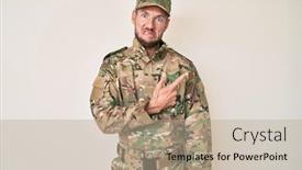  Presentation with forefinger - Presentation design having young-caucasian-man-wearing-camouflage background and a mint green colored foreground