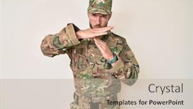  Presentation with army - Audience pleasing presentation theme consisting of young-caucasian-man-wearing-camouflage backdrop and a mint green colored foreground