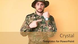  Presentation with army - Theme having young-caucasian-man-wearing-camouflage background and a yellow colored foreground