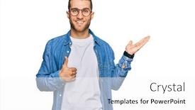  Presentation with hand palm - Slide set having young-caucasian-man-wearing-casual background and a white colored foreground