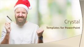  Presentation with christmas card - Cool new PPT theme with young caucasian man wearing christmas hat holding credit card over isolated background screaming proud and celebrating victory and success very excited cheering emotion backdrop and a soft green colored foreground