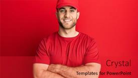  Presentation with camera - Presentation design consisting of young-caucasian-man-wearing-delivery background and a red colored foreground