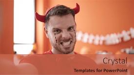  Presentation with devil - Presentation design enhanced with young-caucasian-man-wearing-devil background and a coral colored foreground