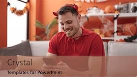  Presentation with devil - Presentation design having young-caucasian-man-wearing-devil background and a coral colored foreground