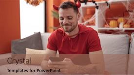  Presentation with devil - Presentation enhanced with young-caucasian-man-wearing-devil background and a coral colored foreground