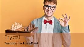  Presentation with chess board - Audience pleasing presentation theme consisting of young-caucasian-man-wearing-glasses backdrop and a red colored foreground