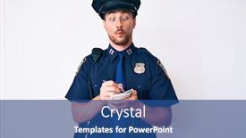  Presentation with police police - Beautiful slide deck featuring young-caucasian-man-wearing-police backdrop and a ocean colored foreground