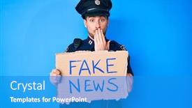  Presentation with fake news - Theme consisting of young-caucasian-man-wearing-police background and a teal colored foreground