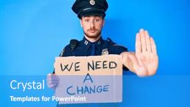  Presentation with change - Colorful slide set enhanced with young-caucasian-man-wearing-police backdrop and a teal colored foreground