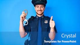  Presentation with police - Colorful slide deck enhanced with young-caucasian-man-wearing-police backdrop and a ocean colored foreground