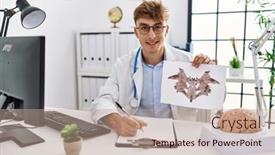  Presentation with psychiatrist - PPT theme having young-caucasian-man-wearing-psychiatrist background and a coral colored foreground