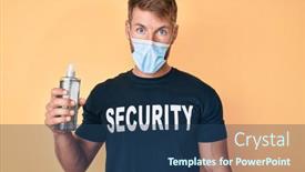  Presentation with hand sanitizer - Beautiful presentation design featuring young-caucasian-man-wearing-security backdrop and a ocean colored foreground
