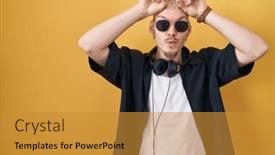  Presentation with finger - Presentation theme featuring young-caucasian-man-wearing-sunglasses background and a gold colored foreground