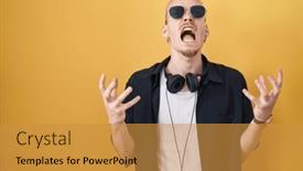  Presentation with frustration - PPT theme featuring young-caucasian-man-wearing-sunglasses background and a gold colored foreground