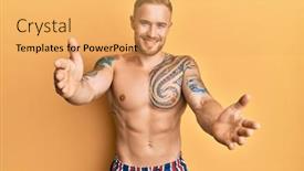  Presentation with young man on the phone - Colorful presentation enhanced with young-caucasian-man-wearing-swimwear backdrop and a yellow colored foreground