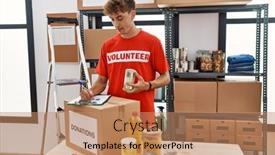  Presentation with volunteer - Presentation theme consisting of young-caucasian-man-wearing-volunteer background and a coral colored foreground