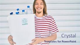 Presentation with plastic recycling - Presentation with young-caucasian-man-with-blond background and a sky blue colored foreground