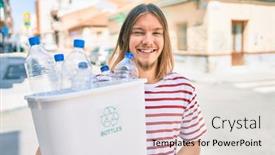  Presentation with plastic recycling - Presentation theme consisting of young-caucasian-man-with-blond background and a light gray colored foreground