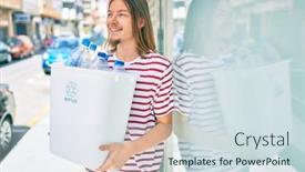  Presentation with plastic recycling - Audience pleasing slide set consisting of young-caucasian-man-with-blond backdrop and a sky blue colored foreground