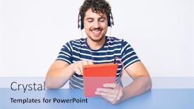  Presentation with standing sitting - PPT layouts featuring young-caucasian-man-with-curly background and a light blue colored foreground