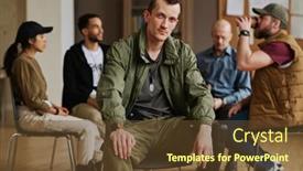  Presentation with group support - PPT theme featuring young-caucasian-man-with-post background and a tawny brown colored foreground