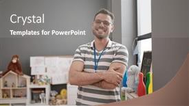  Presentation with teacher - Presentation theme featuring young-caucasian-man-working background and a gray colored foreground