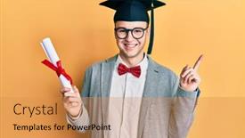  Presentation with graduation - Audience pleasing PPT theme consisting of young-caucasian-nerd-man-wearing backdrop and a gold colored foreground