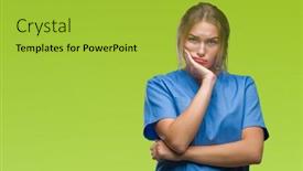  Presentation with nurse thinking - Presentation theme having young caucasian nurse woman wearing surgeon uniform over isolated background thinking looking tired and bored with depression problems with crossed arms background and a yellow colored foreground