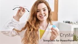  Presentation with young woman diagnosis of sti - Presentation design consisting of young-caucasian-optician-woman-holding background and a coral colored foreground