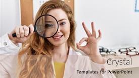  Presentation with magnifying glass - Slides having young-caucasian-optician-woman-holding background and a  colored foreground