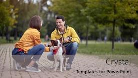  Presentation with people talking - Presentation design consisting of young-caucasian-people-getting-know background and a light gray colored foreground