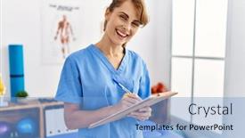  Presentation with clinic - Slide deck having young-caucasian-physio-therapist-girl background and a light blue colored foreground