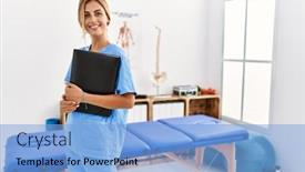  Presentation with binder - Slide deck with young-caucasian-physio-therapist-smiling background and a light blue colored foreground