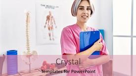  Presentation with physiotherapist - Theme consisting of young-caucasian-physiotherapist-smiling-happy background and a coral colored foreground