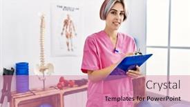  Presentation with physiotherapist - Presentation design consisting of young-caucasian-physiotherapist-smiling-happy background and a coral colored foreground